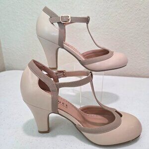 Easter Pumps Womens Size 6.5 Classic Beige Wide Fit High Heels T-Strap Round Toe